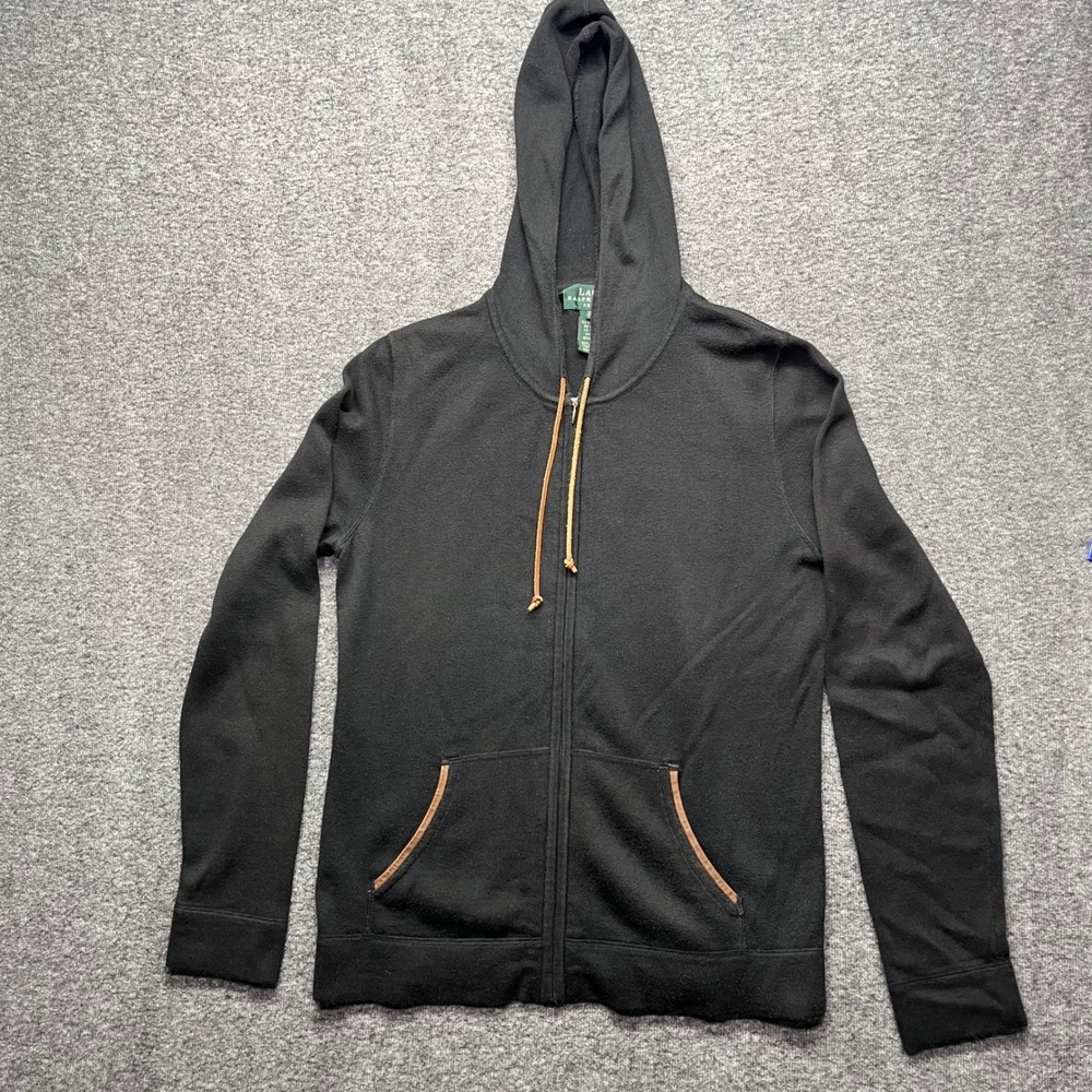 Lauren Ralph Lauren Hoodie Womens Petite P Black Cotton Full Zip Knit Sweater